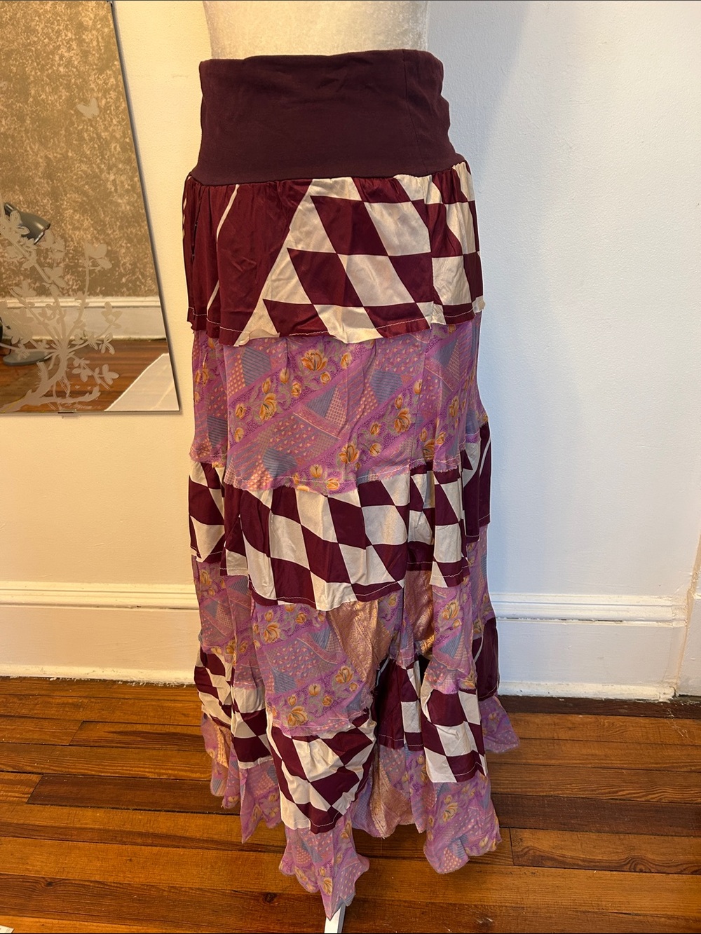 Paradise 100% silk Bohemian Patchwork Maxi Skirt in Burgundy and Lavender